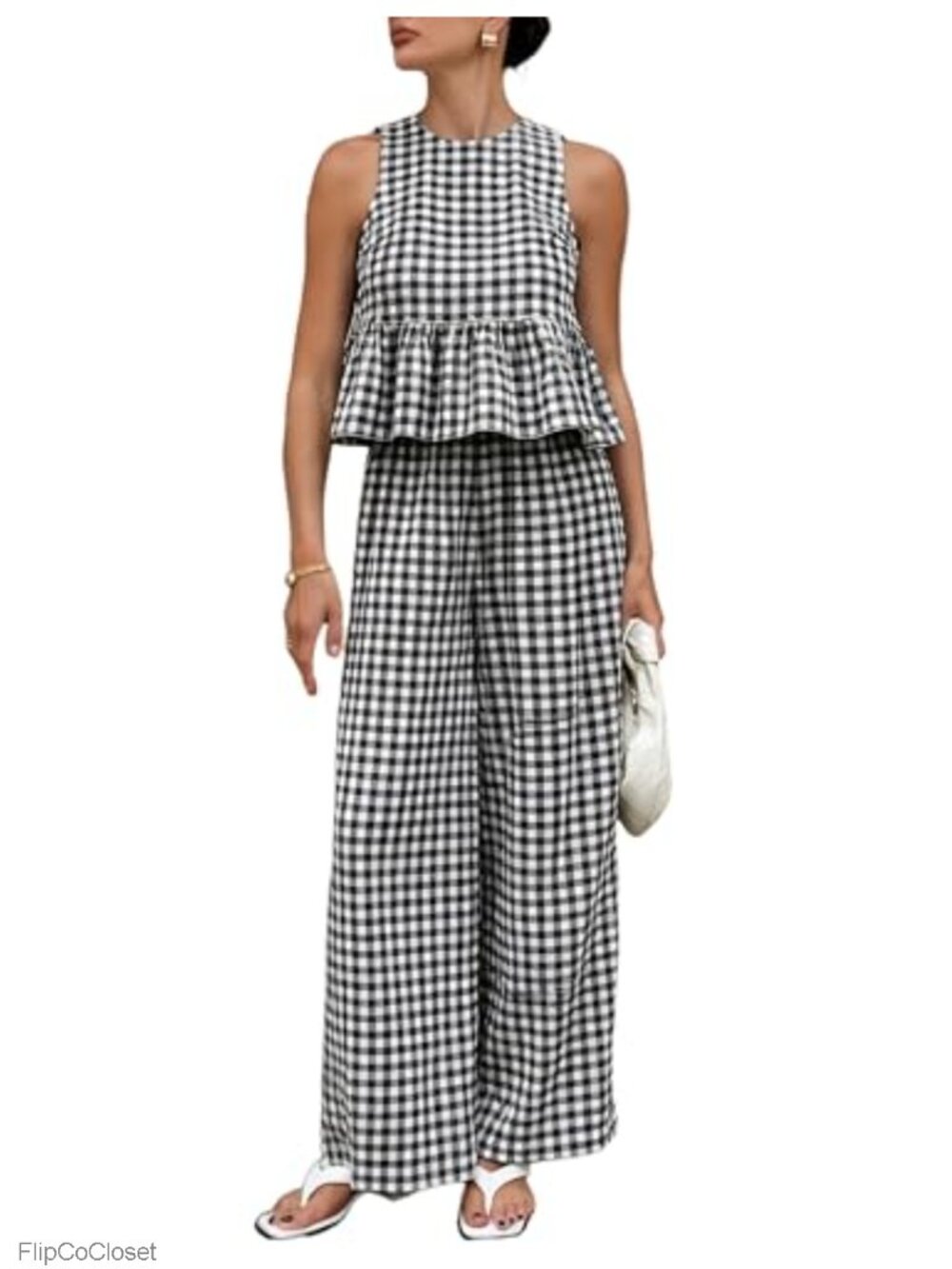 Tanming Women's 2 Piece Gingham Plaid Wide Leg Pant Set Sleeveless Lounge